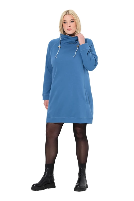 Ulla Popken Women's Sweat Dress, Stand-Up Collar, Long Sleeve, Pocket Dress, Denim Blue, 28-30