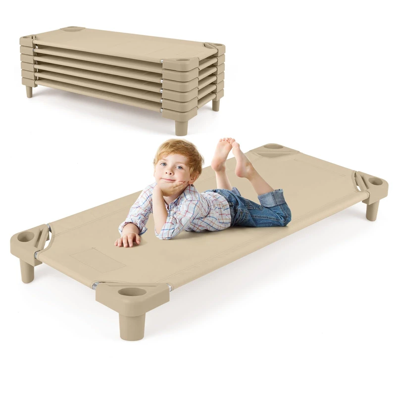 GYMAX Stackable Daycare Cot, Portable Toddler Bed with Easy Lift Corners, Kids Nap Cot for Preschool Classroom (6 Pack Beige Stackable Bed)