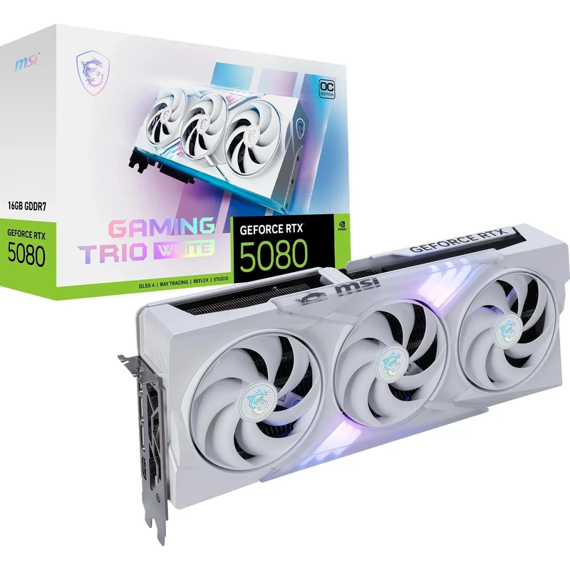 MSI NVIDIA GeForce RTX 5080 16G GAMING TRIO OC WHITE GDDR7 256bit Gaming Graphics card, Boost Clock up to 2715 MHz, PCIe Gen 5, DLSS 4, DP 2.1 x 3, HDMI 2.1 x 1, ATX