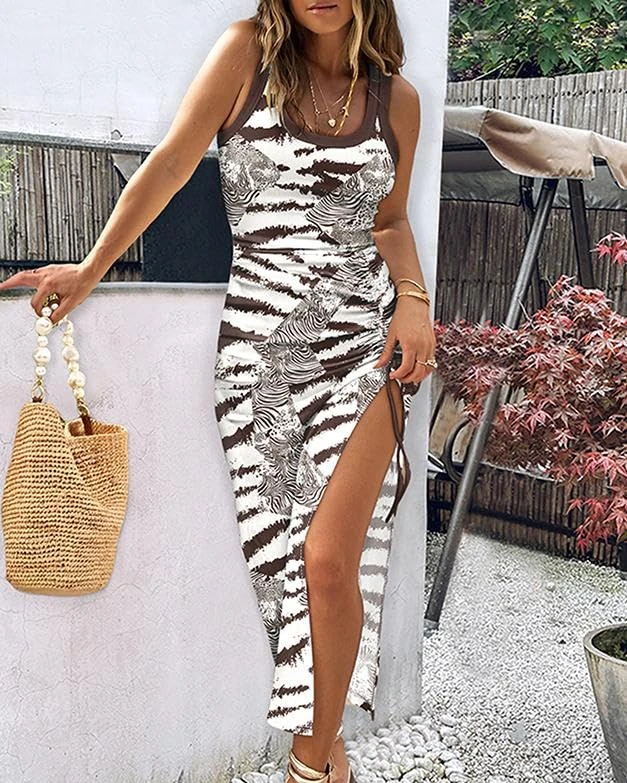 Womens Ombre Ribbed U Neck Knit Dress with Drawstring Ruched High Slit Midi Design Sexy Elegant Outfit Casual Vacation Wear, Brown, Large