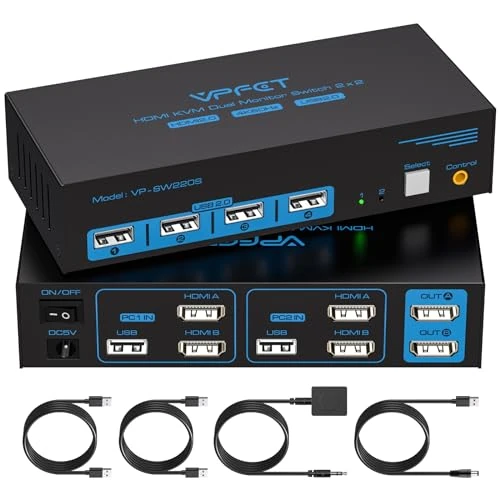 HDMI 4K60Hz KVM Switch 2 PC 2 Monitors USB 2.0 Supports Copy and Extended Display for Two Computers that Share Dual Monitor and 4 USB Ports with External Controller and 2 x USB Cable