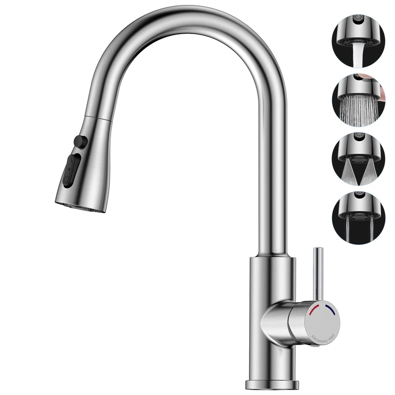 SREWOHS PRO Kitchen Faucet Stainless Steel Pull-Out Shower, 4 Spray Functions, high spout (187mm), 360° Rotating, Low Pressure Mixer tap, 1 Hole Sink Faucet, 3/8 inch tap, Nickel