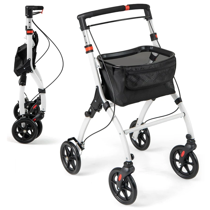 GYMAX Folding Rollator Walker for Elderly, 4 Wheel Narrow Walking Aid with Removable Tray, Basket and Brakes, Adjustable Lightweight Rollator for Disabled (White)