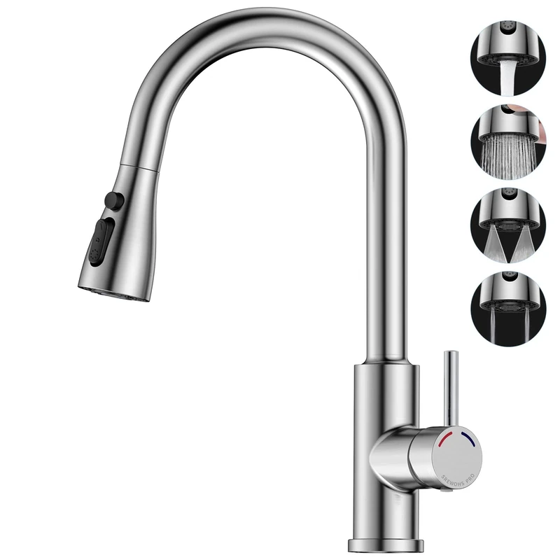 SREWOHS PRO Kitchen Sink Mixer Taps,Pull Out Hose,Brushed Stainless Steel,4 Spary Modes,360° Swivel,High Arc(187mm),Single Handle Faucet for 1 Hole Kitchen Sink,Replacement Bar Tap,Nickel