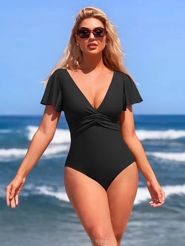 Womens Retro Ruffle One Piece Swimsuit Deep V Neck Sexy Bathing Suit Tummy Control Swimwear, Black, Small