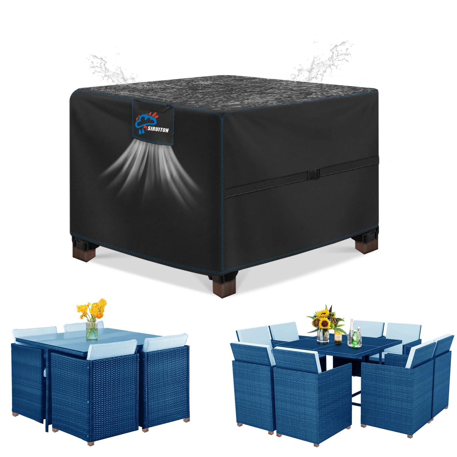 SIRUITON 90x90x90cm Garden Furniture Covers with Air Vent, Waterproof Windproof,Heavy Duty RipProof 420D Oxford Fabric Large Patio Set Cover, Outdoor Table Cover, Square/Rectangular Black