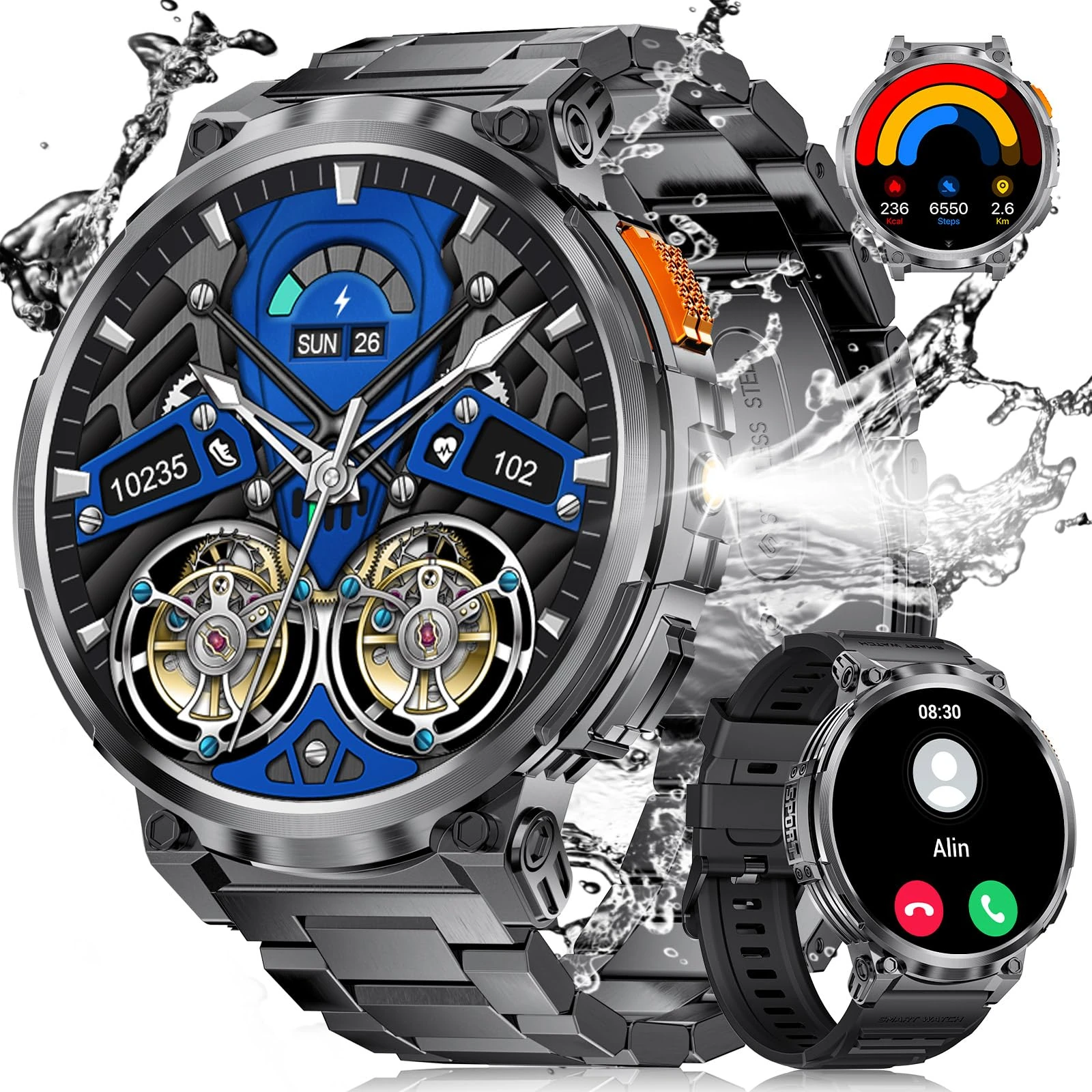 LIGE Smart Watch for Men Answer/Make Calls,1.85"HD Large Display Fitness Tracker with Flashlights,730mAh Smartwatch wtih Heart Rate Sleep Monitor IP68 Waterproof 120+Sport Modes for Android iOS,Black