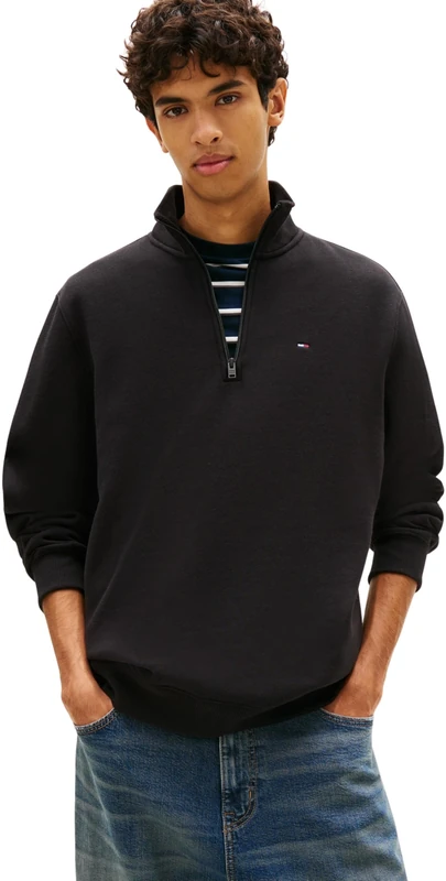 Tommy Jeans Men's Tjm Reg Fleece 1/4Zip Mock Neck DM0DM20339 Half Zip Sweatshirt, BLACK (Black), L