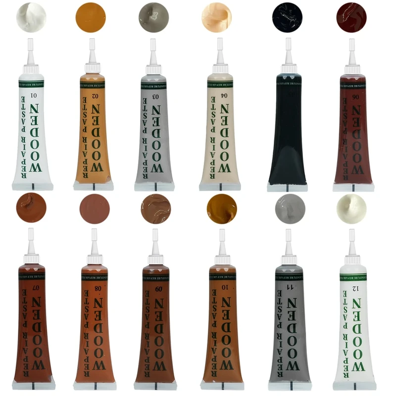 Wood Furniture Repair Kit, ELALRAU 12 Colour Touch Up Filler Wood Paint, Laminate Floor Repair Kit for Scratches Cracks Holes Stains of Wooden Furniture, Easy to Apply(25g/pc)