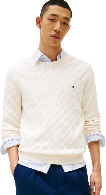 Tommy Hilfiger Men Classic Cotton Cable Crew Neck MW0MW33132 Pullover Sweater, Yellow, S