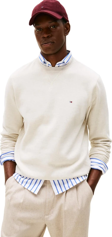 Tommy Hilfiger Men’s Seasonal Fleece Round Neck Sweatshirt, Beige (Heathered Oatmilk), L