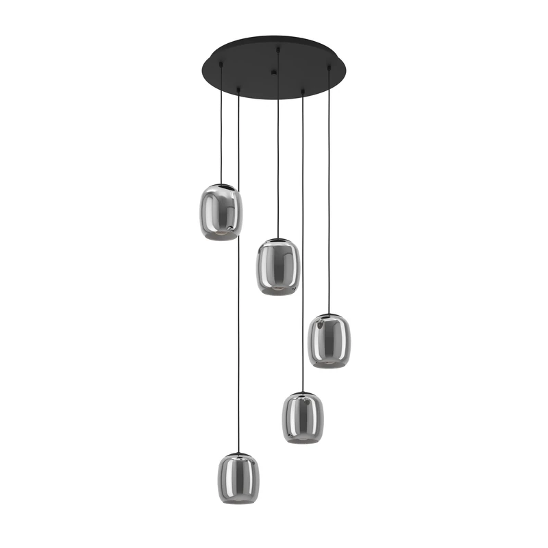 Eglo Pendant Lighting Ciampino, 5 Light Hanging lamp Above Dining Table, Elegant Dining Room Ceiling Light Fixture, Made of Metal in Black and Smoked Glass, E27 Socket, Ø 54 cm