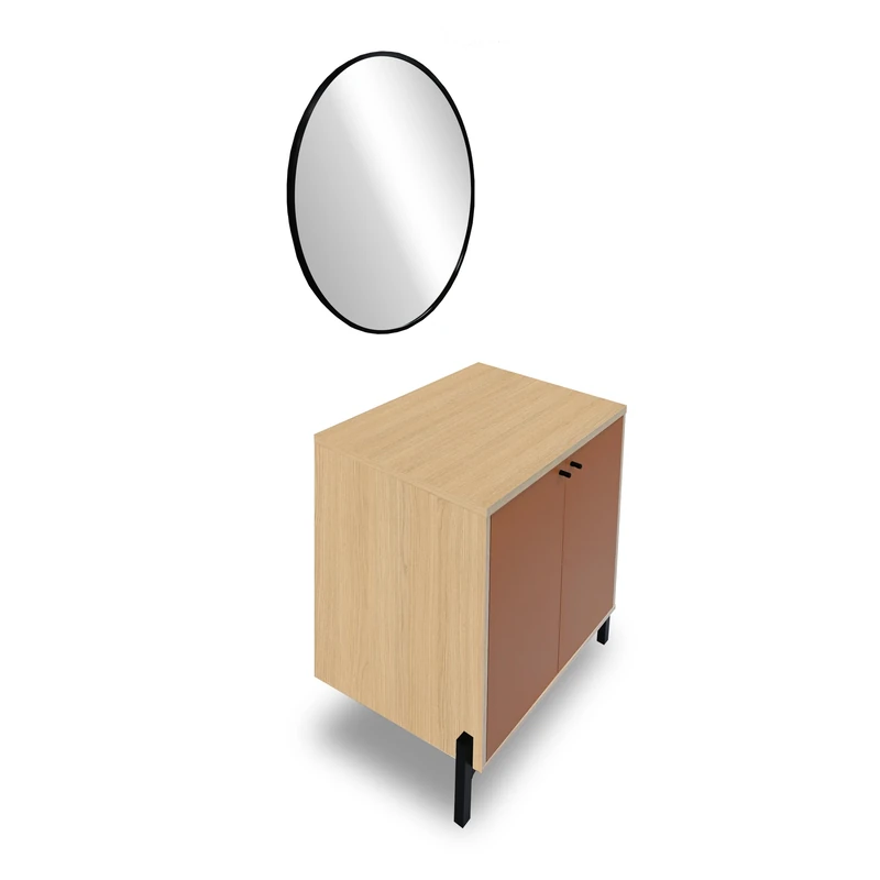Demeyere Low Bathroom Cabinet with Mirror Light Anti-Fog 2 Doors & 1 Shelf Trendy Wood Terracotta & Oak Vincenza – 69 x 78.5 x 49.7 cm