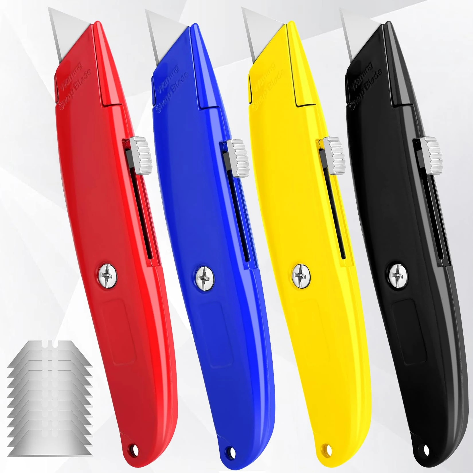 4 Pack Utility Knives with 10 Extra SK5 Blades - Heavy-Duty Retractable Box Cutters for Cardboard, Carpet, Cartons, and Home Improvement Tasks