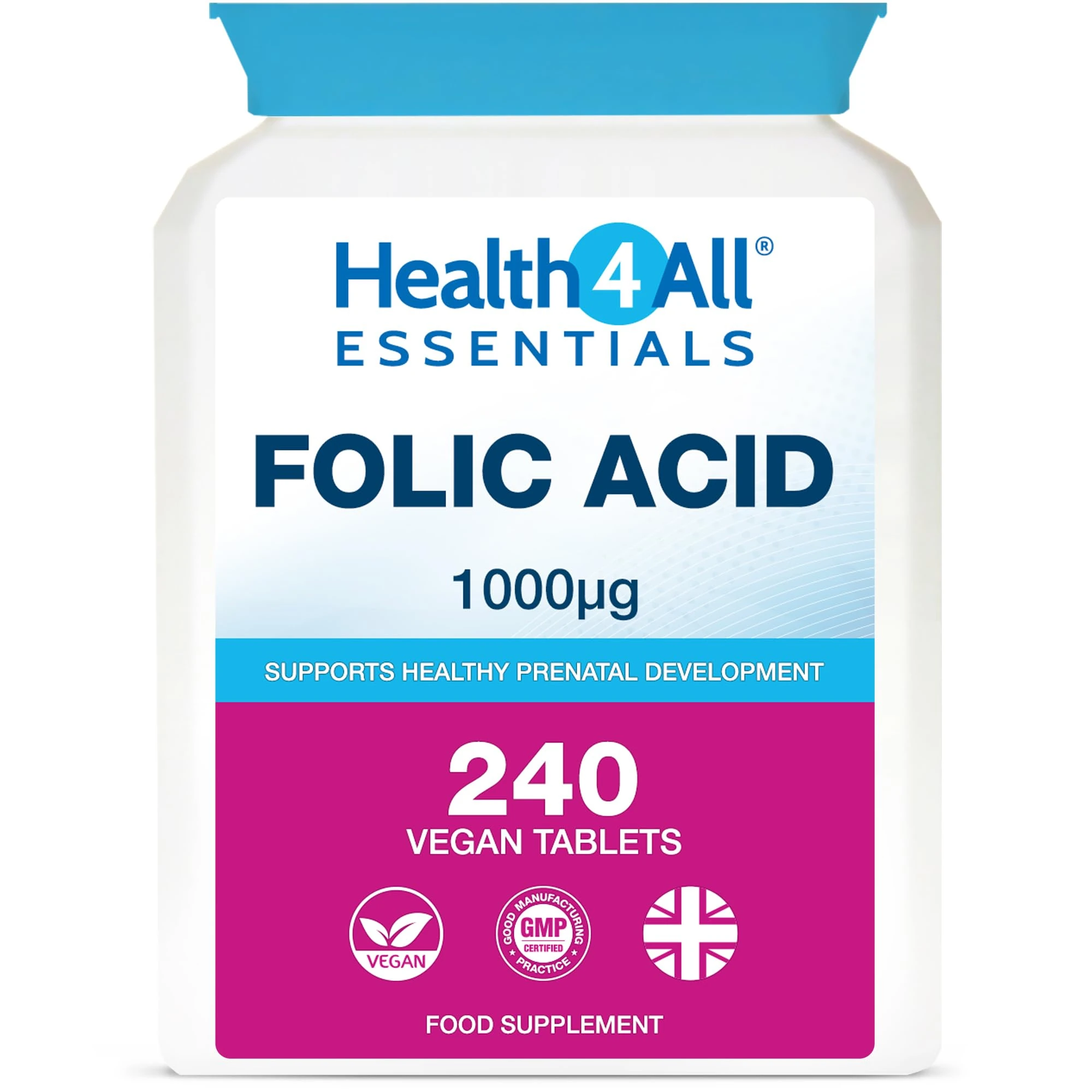 Health4All Folic Acid 1000mcg, 240 Tablets 8 Months Supply, Supports Healthy Prenatal Development, Reduce Tiredness & Fatigue, Normal Immune Response, High Strength Vegan Vitamin B9 | Made in UK