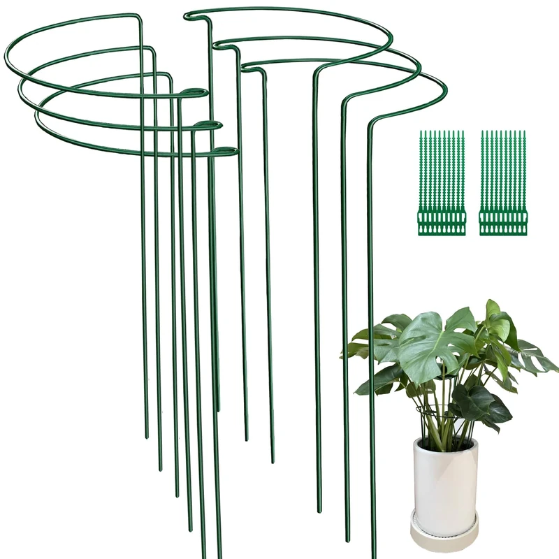 6 Pack 25x60cm Garden Plant Support Stakes Ring Cages with 20 PCS Plant Ties, Metal Half Round Plant Ring for Peonies, Hydrangea, Tomato, Rose
