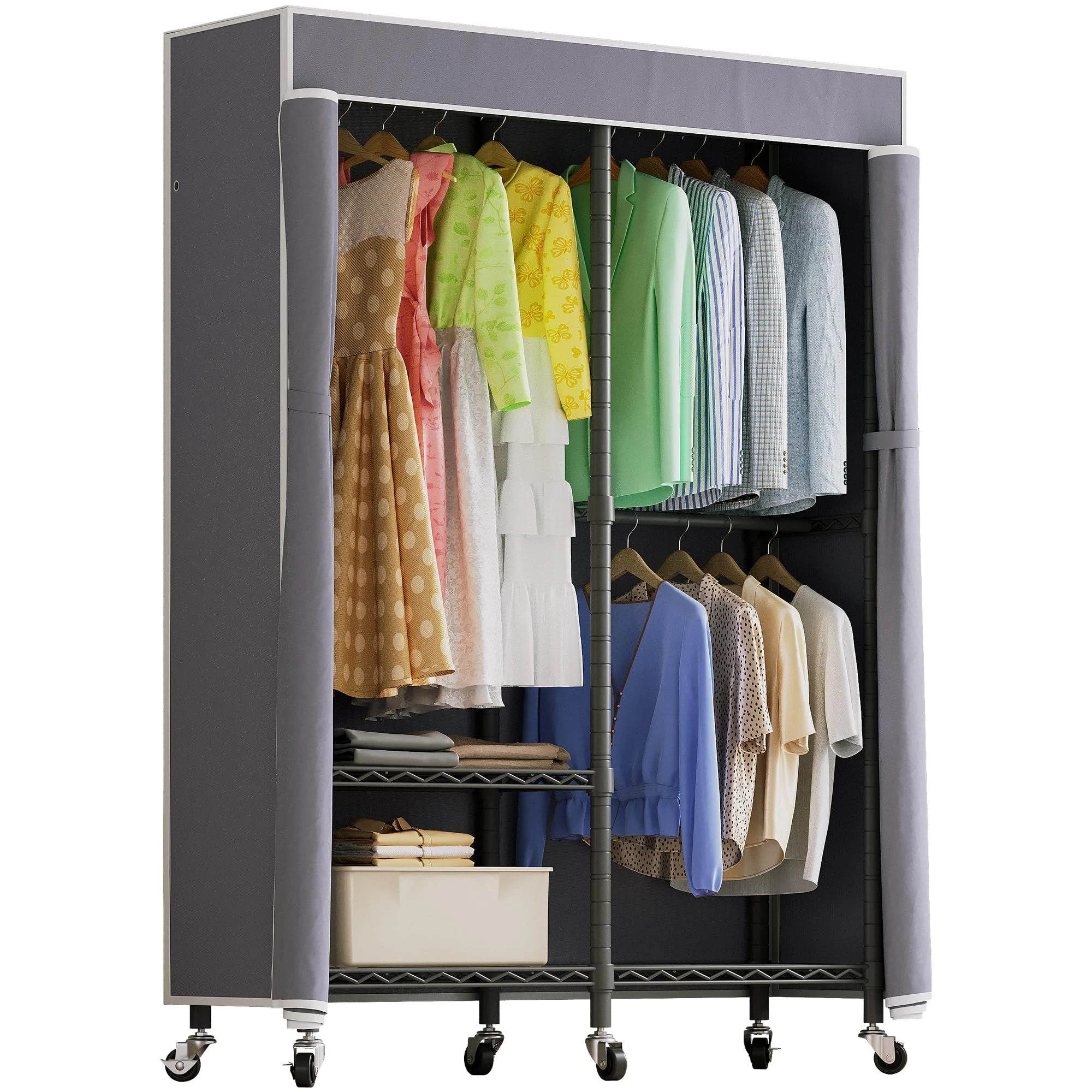 Higeego H9 Heavy Duty Rolling Clothes Rack with Cover, Covered Garment Rack with Wheels and Shelves, Wardrobe Closet, Portable Closet for Hanging Clothes, Black Clothing Rack with Grey Cover