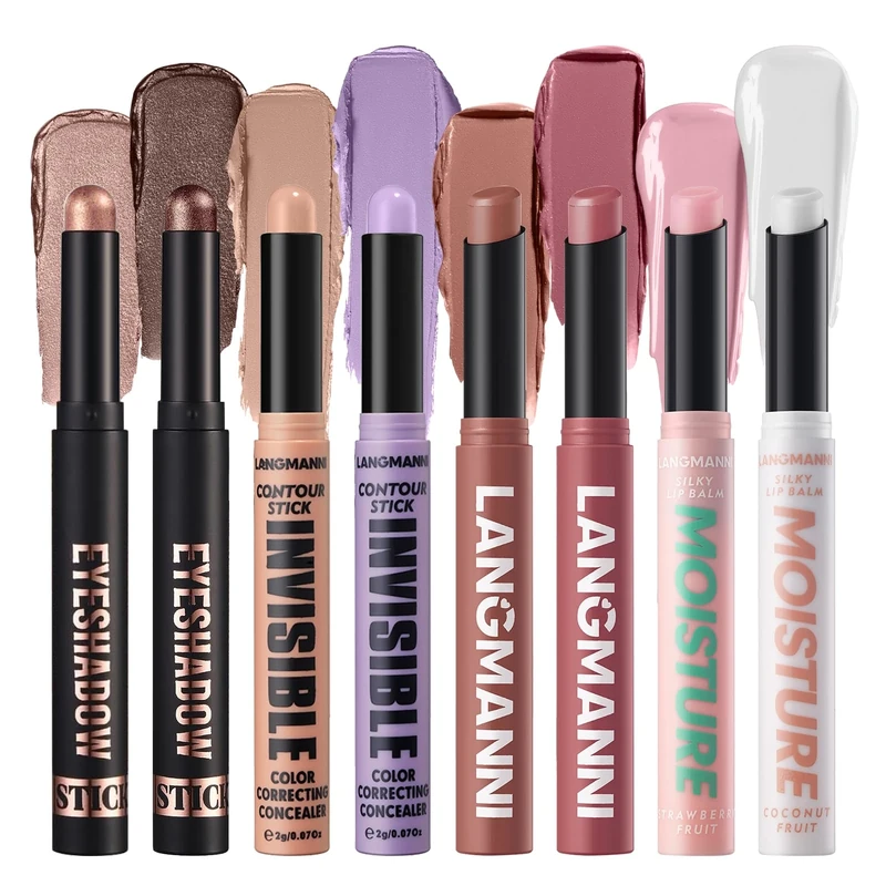 8 Pieces Eyeshadow Stick Creamy Matte Shimmer Crayon Liquid Concealer Stick Highlighting Pigmented Waterproof Lipstick Highlighter Contouring Sticks Set (D)