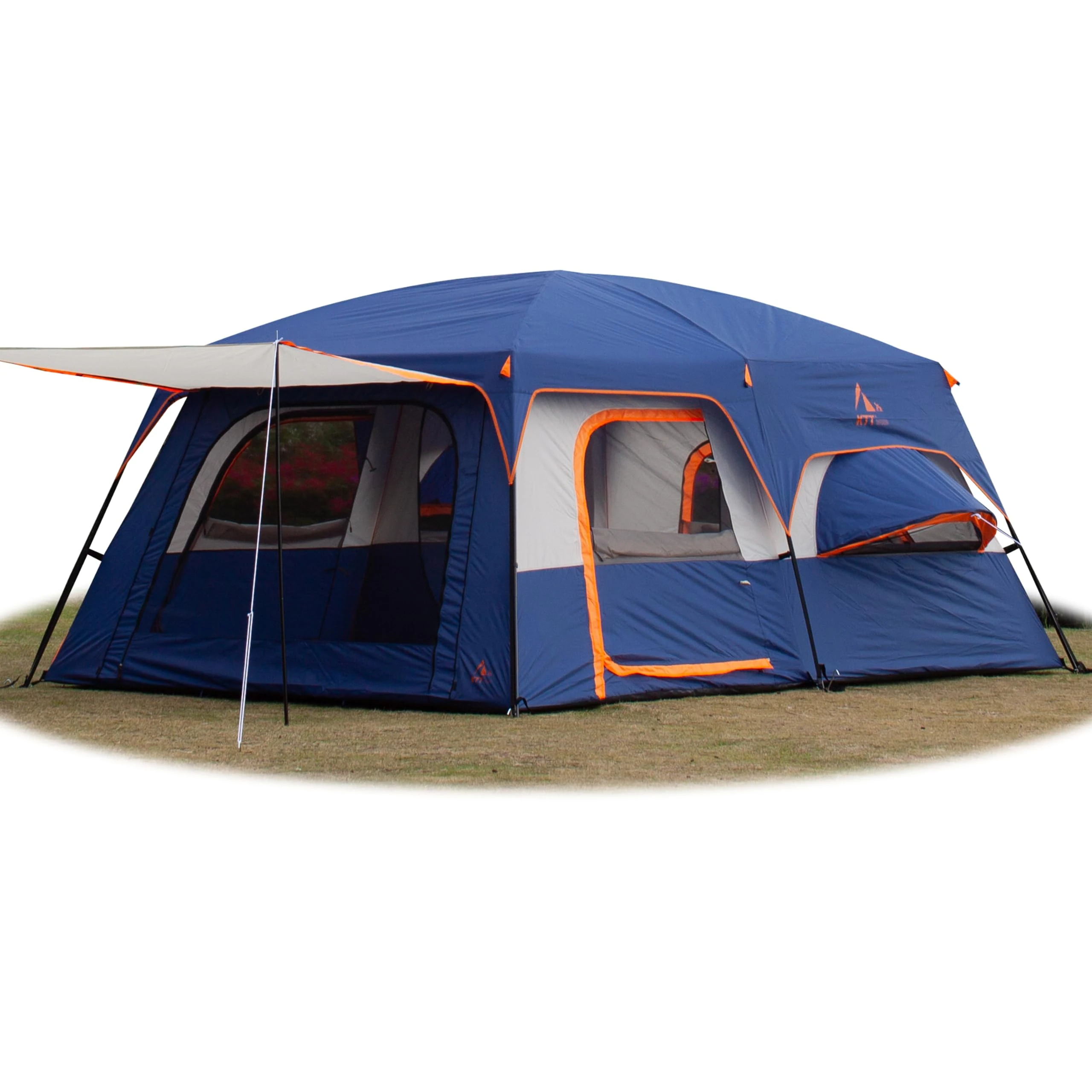 KTT Extra Large Tent 12 Person,2 Bay-Windows,Family Cabin Tents,14.1'Lx10'Wx6.58'H,2 Rooms and 3 Doors 3 Windows with Mesh,Waterproof,Straight Wall,Big Tents for Outdoor,Picnic,Camping(Dark Blue)