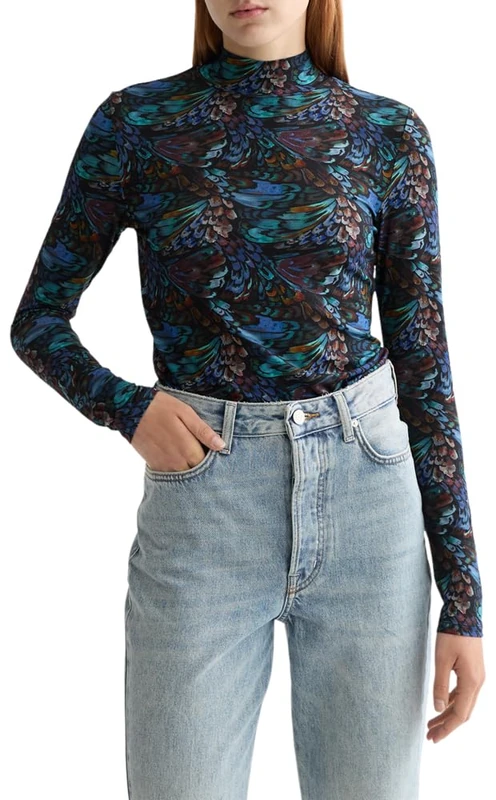 All Over Printed Mock Neck Long Sleeve T-Shirt