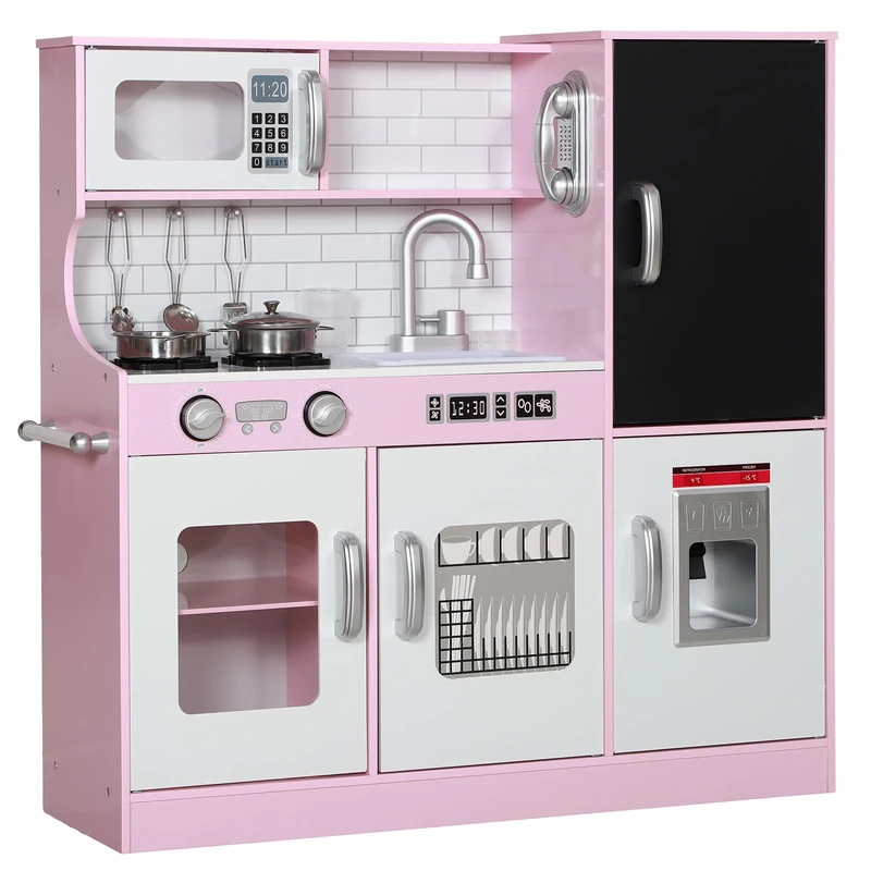 AIYAPLAY Play Kitchen, Kids Kitchen Playset Toy with Chalkboard, Toy Phone, Microwave, Ice Maker, Cooking Stoves, Sink, for Boys Girls Ages 3-8 Years, Pink - Image 1