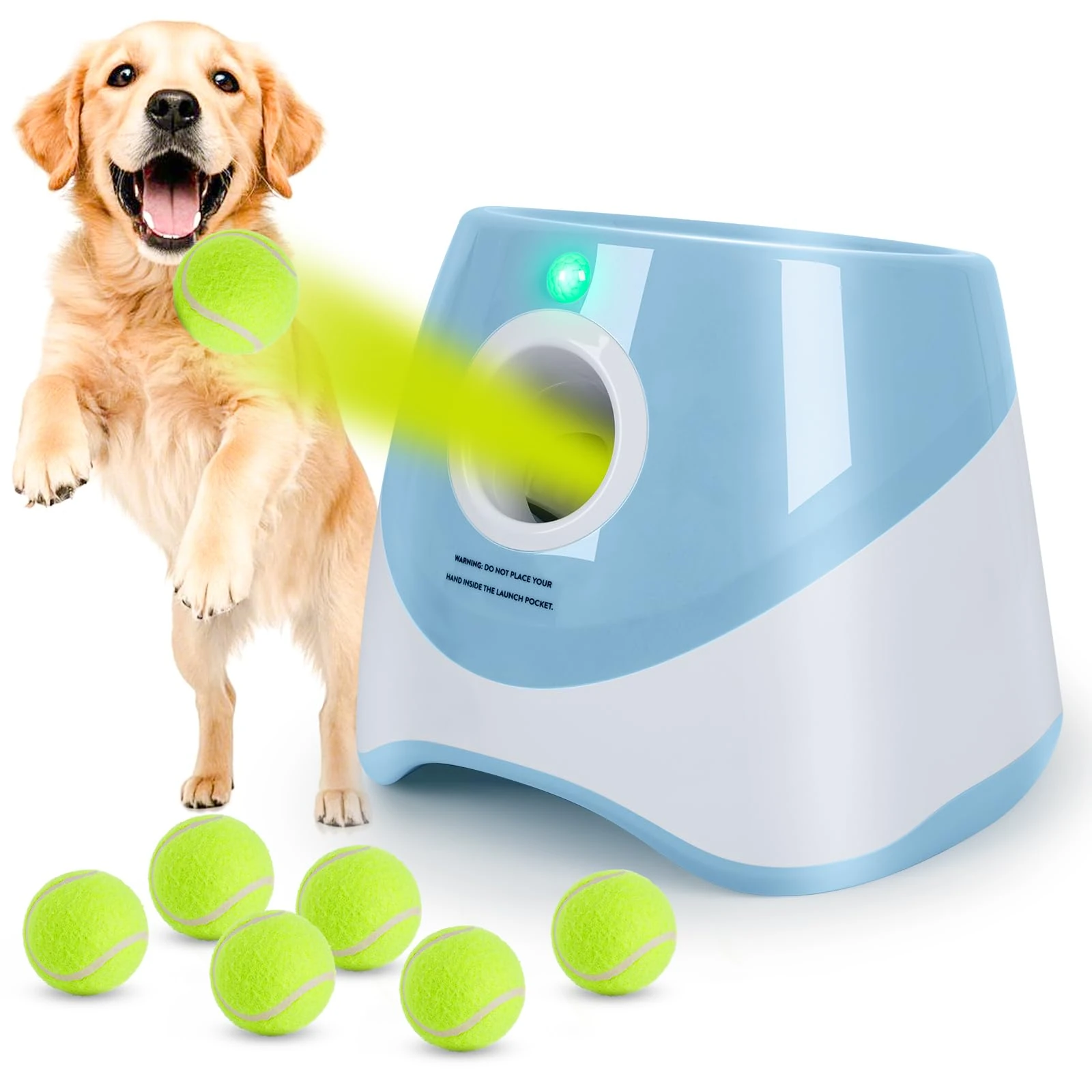 Orifesio Automatic Dog Ball Launcher, Automatic Ball Thrower for Dogs with 6PCS 2'' Tennis Balls, Interactive Pet Toys for Small Dogs, Pet Launcher Throwing Machine Outdoor, Blue