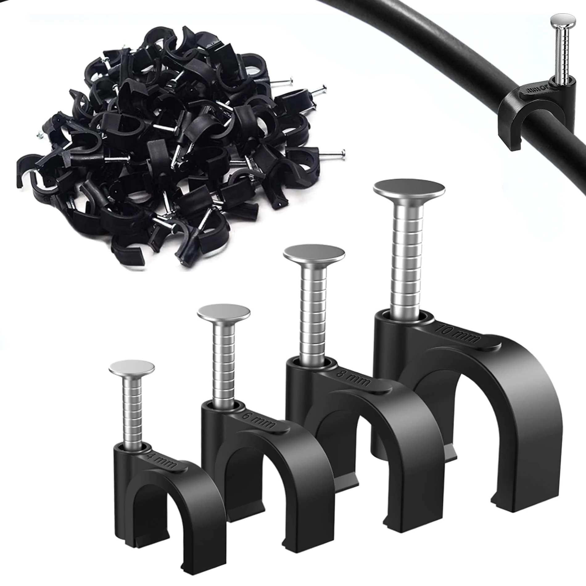 400PCS Round Cable Wall Clips, 4 Sizes（4mm 6mm 8mm 10mm) Cable Nail Clips, for Organizing Ethernet, USB Cable, Phone Line and TV Line-Black