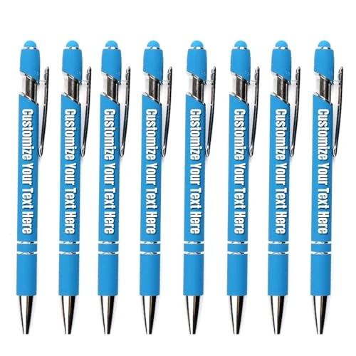 Engraved Pen Gift Personalized Names Business Logos, Custom Business Pens , Rubberized Ballpoint Pen For Touch Screen Tablet, Customized Ballpoint Pens, Stylus Tip Black Ink 2 In 1 Design(Sky Blue,100