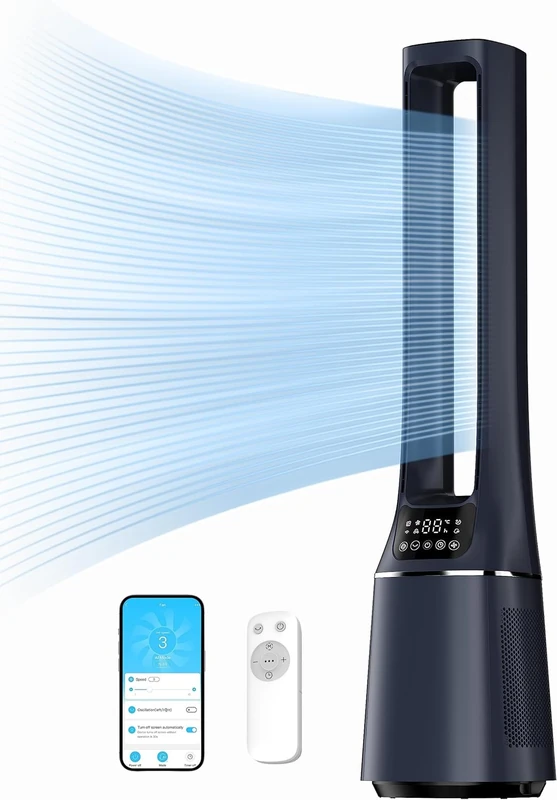 Midea MBF150BSUK 2-in-1 Bladeless Tower Fan, DC Motor - Ultra Quiet Fan with LED Display, Smart App Control & Remote, HEPA Filter For Air Purify, 10 Speed Settings & 12H Timer, Dark Blue