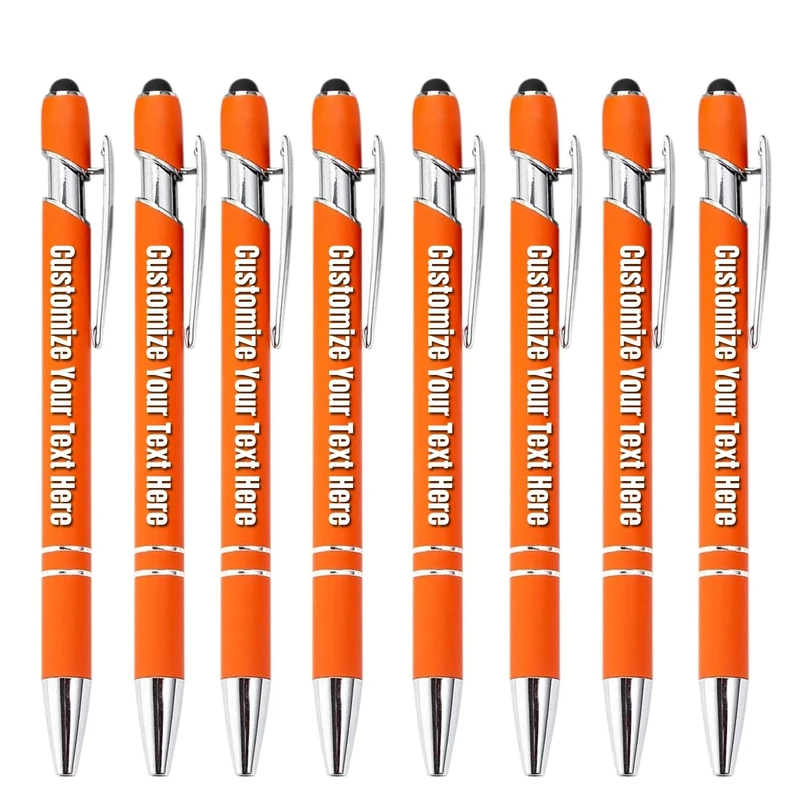 Engraved Pen Gift Personalized Names Business Logos, Custom Business Pens, Rubberized Ballpoint Pen for Touch Screen Tablet, Customized Ballpoint Pens, Stylus Tip Black Ink 2 in 1 Design(Orange,100 C