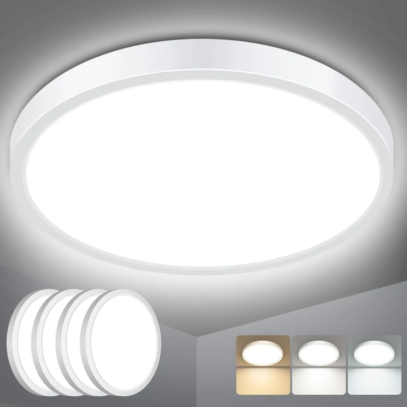 slochi 4 Pack Bathroom Light, 3000K/4000K/6500K 3 Color Temperature, Waterproof IP44, Small, Round, Modern, 18W 2100LM Flush Ceiling Light for Bathroom, Kitchen, Bedroom, Hallway and More,Ø22CM