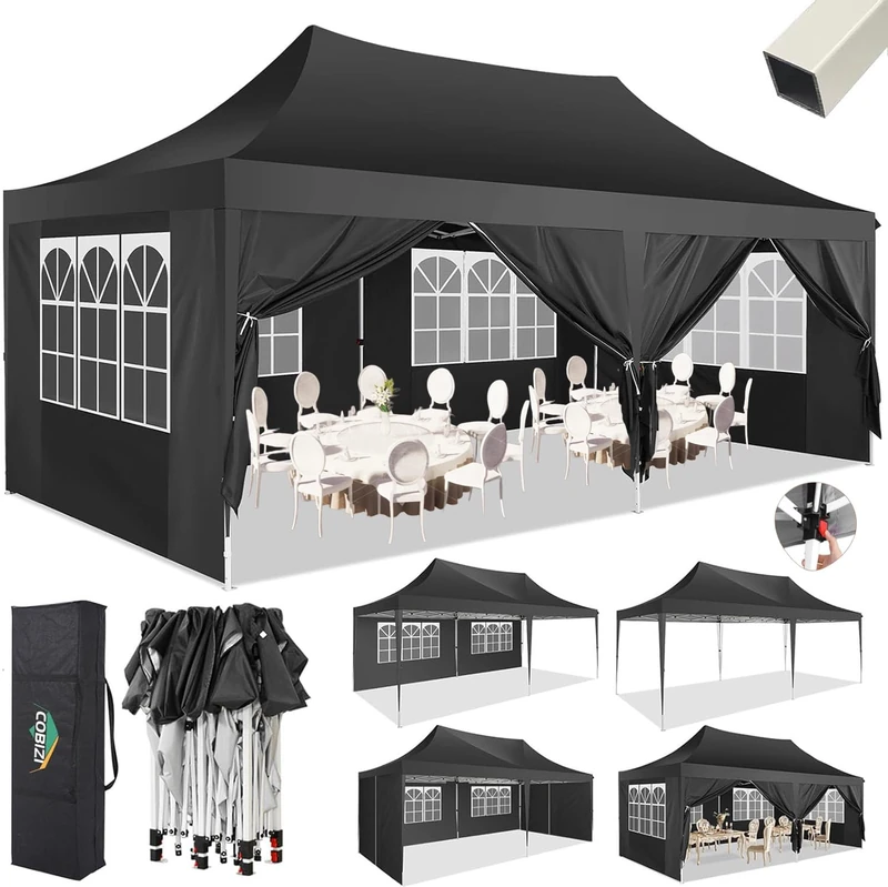 COBIZI Gazebo 3 x 6 m, Folding Gazebo 3 x 6 cm Waterproof Stable with 6 Side Panels Party Tent Pop Up Camping Gazebo Garden Tent Garden Gazebo for Garden, Party, Festival, Wedding, UV Protection