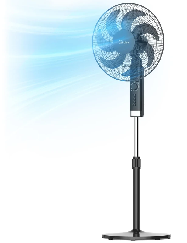 Midea MPF23MTBUK 50W Pedestal Fan, 3 Speed Settings, 7 Bionic Blades, 90° Oscillation, Adjustable Height Stand Fan, 2H Timer, AC Motor For Powerful and Quiet Operation, Black