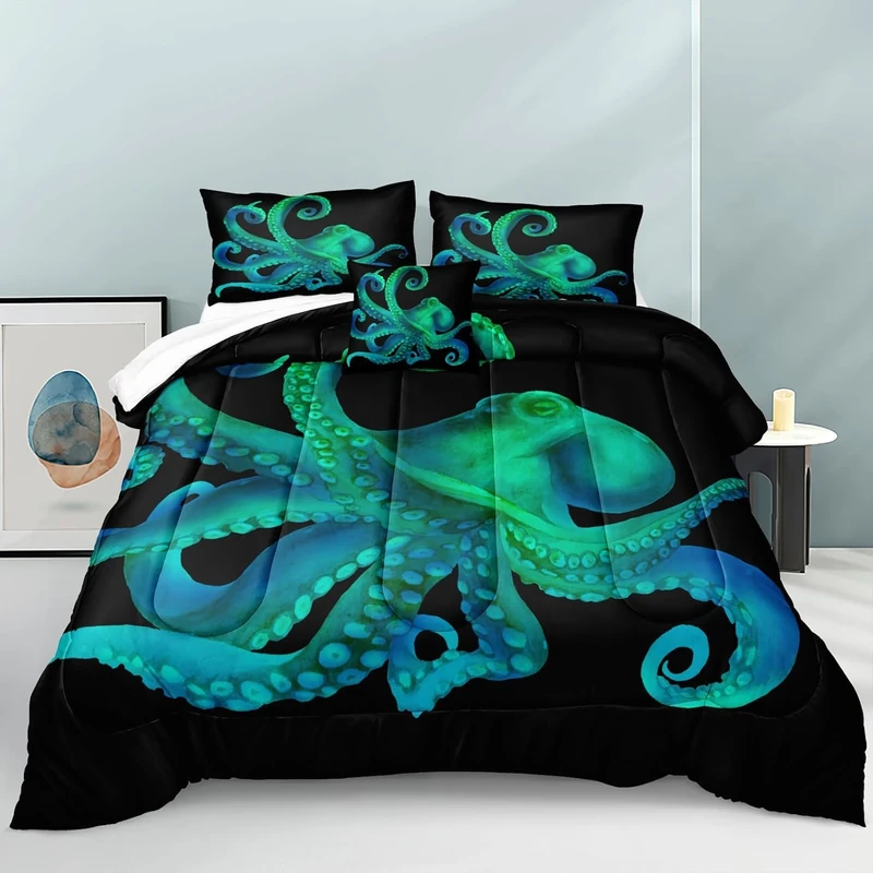 Bedbay Ocean Octopus Comforter Set King Size Ocean Animal Comforter Set for Kids Teens Sea Marine Themed Octopus Bedding Tentacles Pattern King Bedding Set