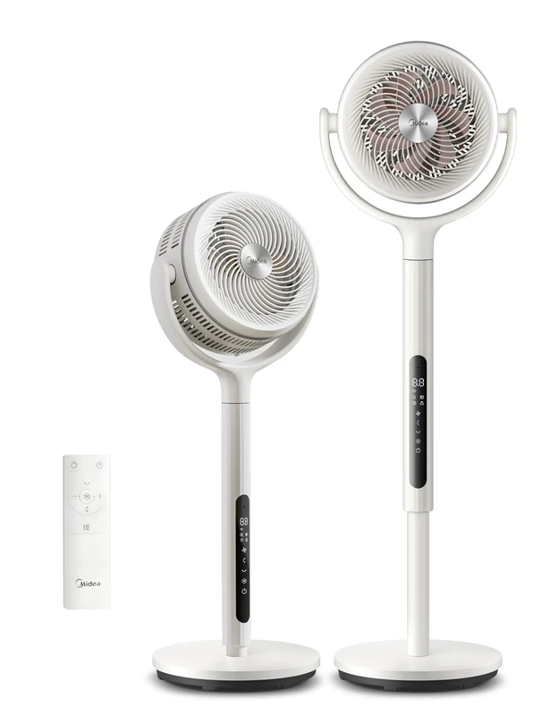 Midea MCF25GRWUK 21dB Pedestal Fan, 135°+120° Omni-directional Air Circulator, Powerful DC Motor & Dual-Blade Floor fan, 12 Speeds, 15H Timer with Remote, Adjustable Height, Standing Fan for Bedroom