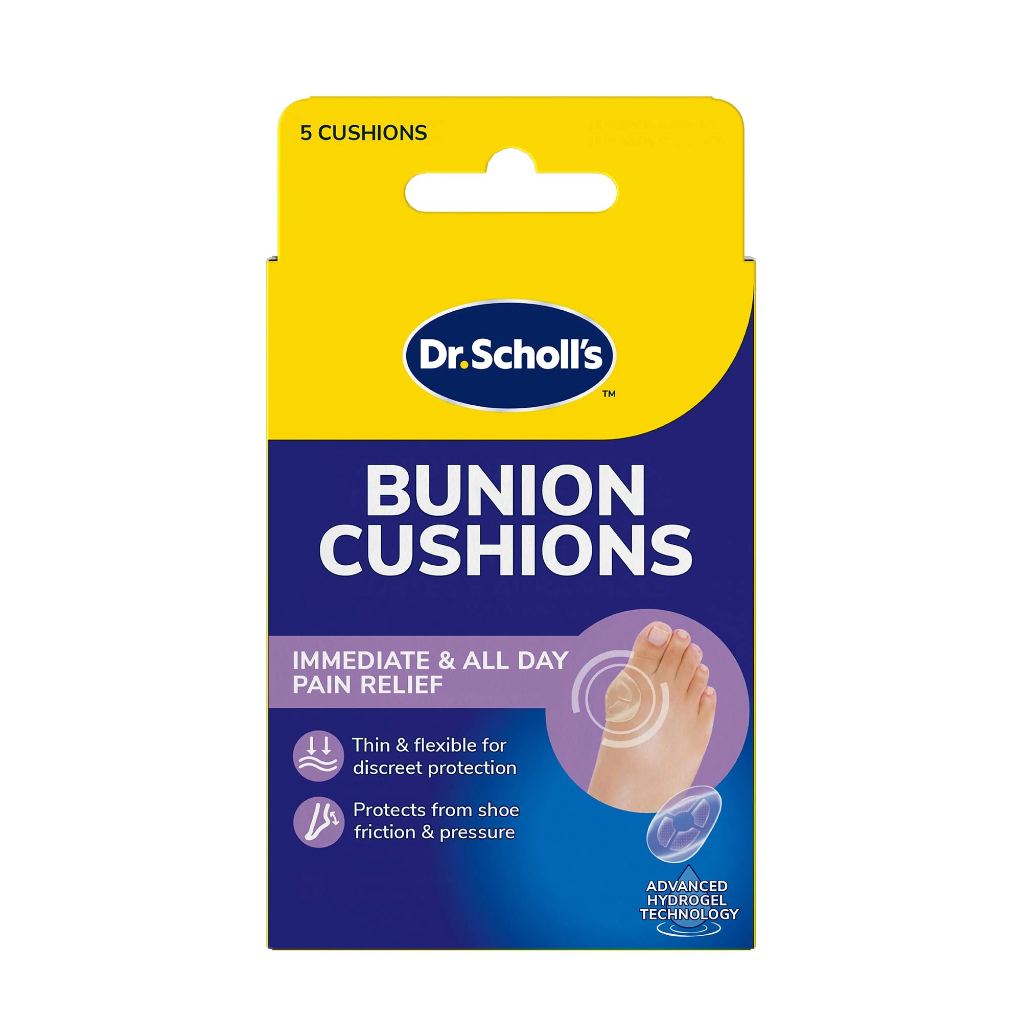 Dr. Scholl's Bunion Cushions with Hydrogel Technology, Pack of 5 - Immediate, All-Day Bunion Pain Relief, Bunion Pads, Bunion Protector, Protects from Shoe Friction and Pressure, Thin, Flexible