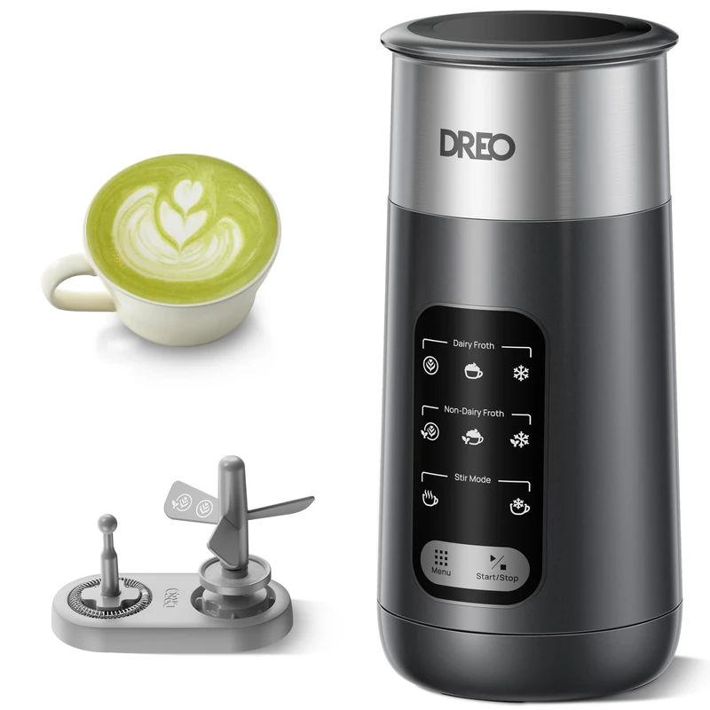 DREO Electric Milk Frother, 8-in-1 Silent Milk Steamer & Hot Chocolate Maker, 270ml Stainless Steel Automatic Foam Frother for Latte Art-Level Microfoam, Coffee, Easy to Clean, LED