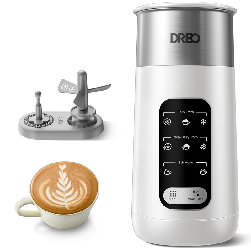 Dreo Milk Frother, 8-in-1 Electric Frother for Latte Art Coffee, 9oz/270ml Hot and Cold Foam Maker, Automatic Milk Warmer for Dairy and Non-Dairy Milk with LED, Anti-Burnt, Easy to Clean, White