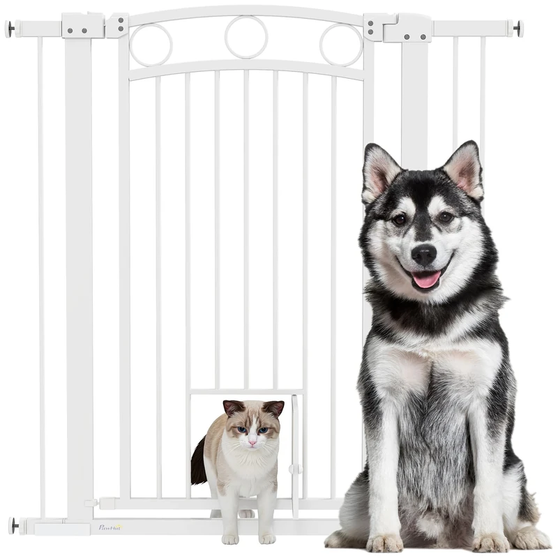 PawHut Dog Stair Gate 106cm Extra Tall Height, 76-104cm Adjustable Width Pressure Fit Safety Gate With Cat Door, 7cm and 14cm Extensions for Stairs, Doorways, Easy Installation, White
