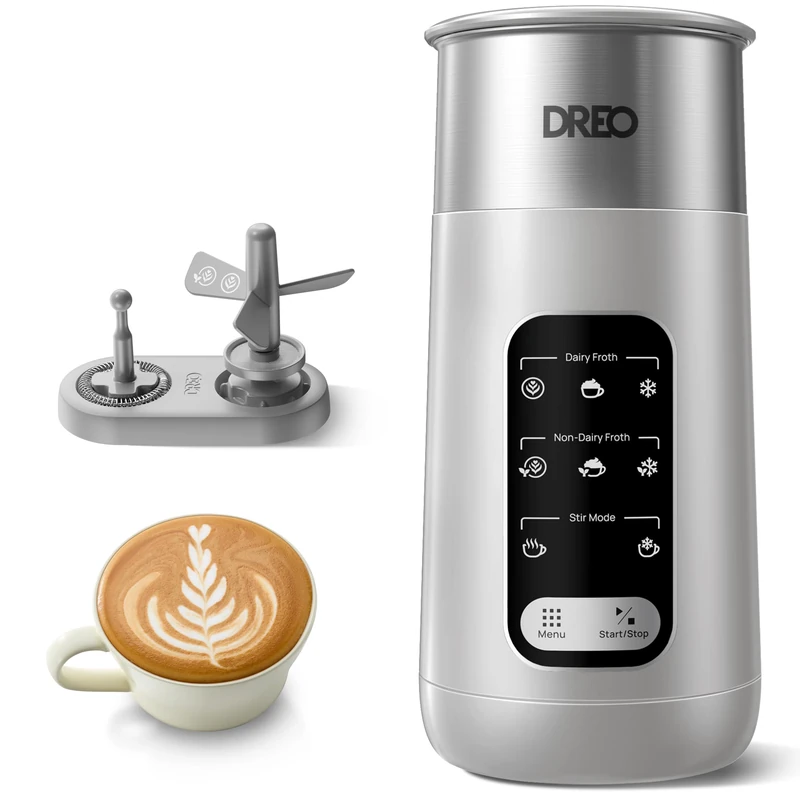 DREO Milk Frother, 8-in-1 Electric Milk Frother, 435ml Silent Milk Steamer & Hot Chocolate Maker, 45 dB Stainless Steel Automatic Foam Frother for Latte Art-level Microfoam, Easy to Clean, Silver Grey