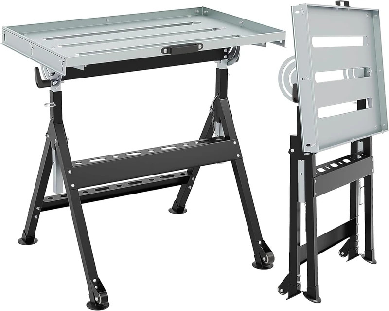 FANTASK Mobile Workbench, Welding Table, Foldable, up to 180 kg, Workbench with Wheels and Tool Trays, Work Table with 4 Adjustable Heights and Angle Indications