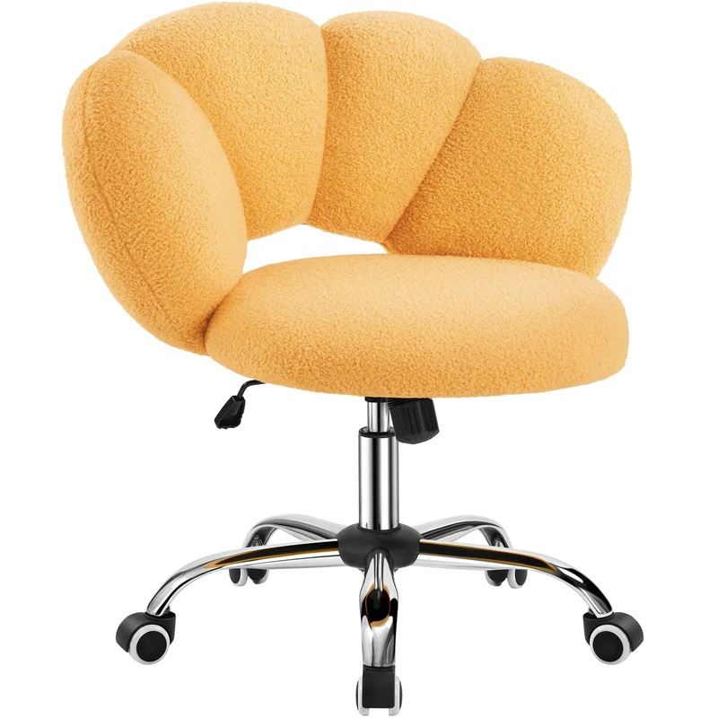 Yaheetech Boucle Upholstered Desk Makeup Vanity Chair with Wheels Swivel Cloud-shaped Accent Chair with Adjustable Height for Home Office Living Room, Bedroom Women Yellow