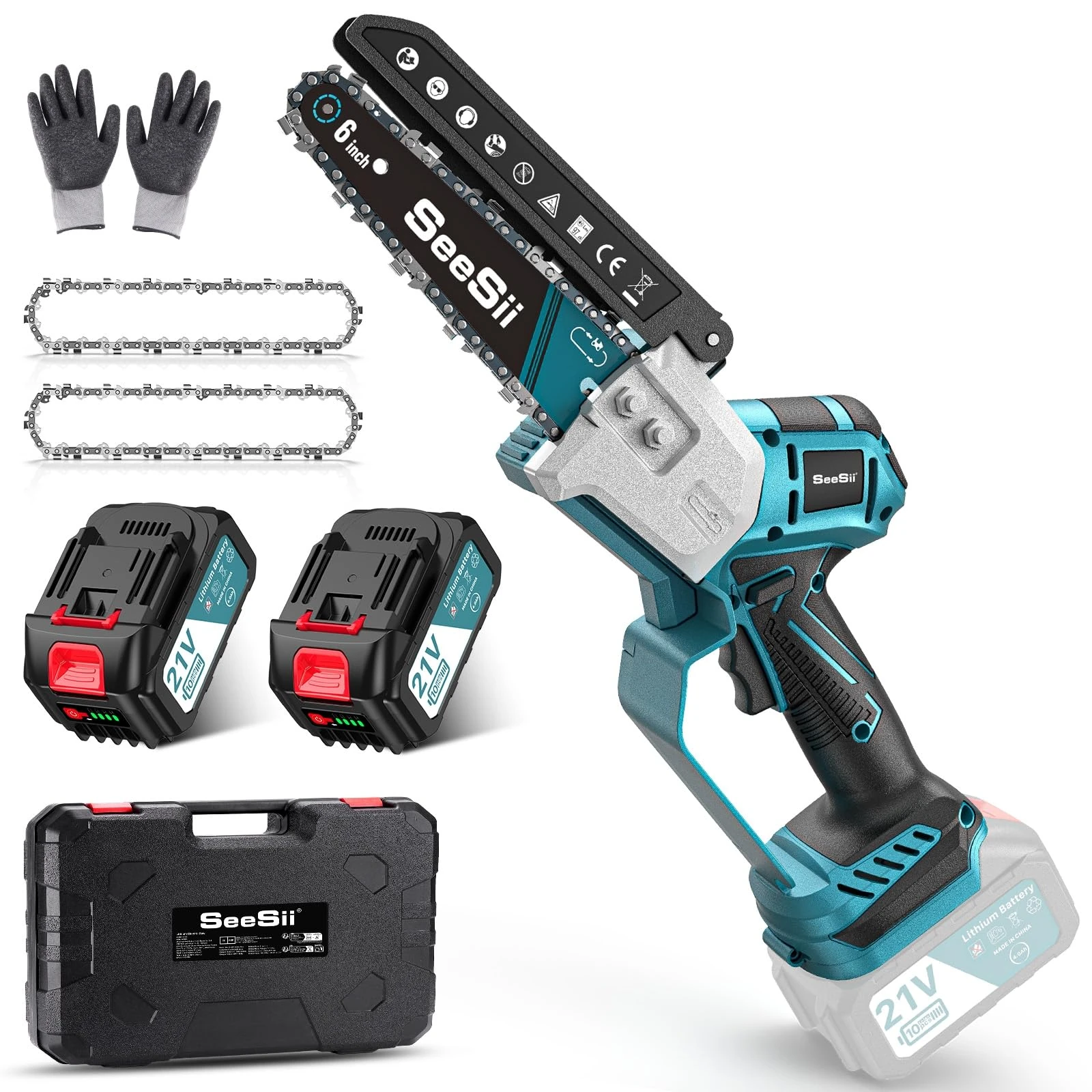 Seesii Mini Chainsaw 8000 mAh, 6 Inch Brushless Chainsaw with 2 x 4000 mAh Batteries, Hand Chainsaw with Automatic Pump Oil System, Suitable for Outdoor and Gardening