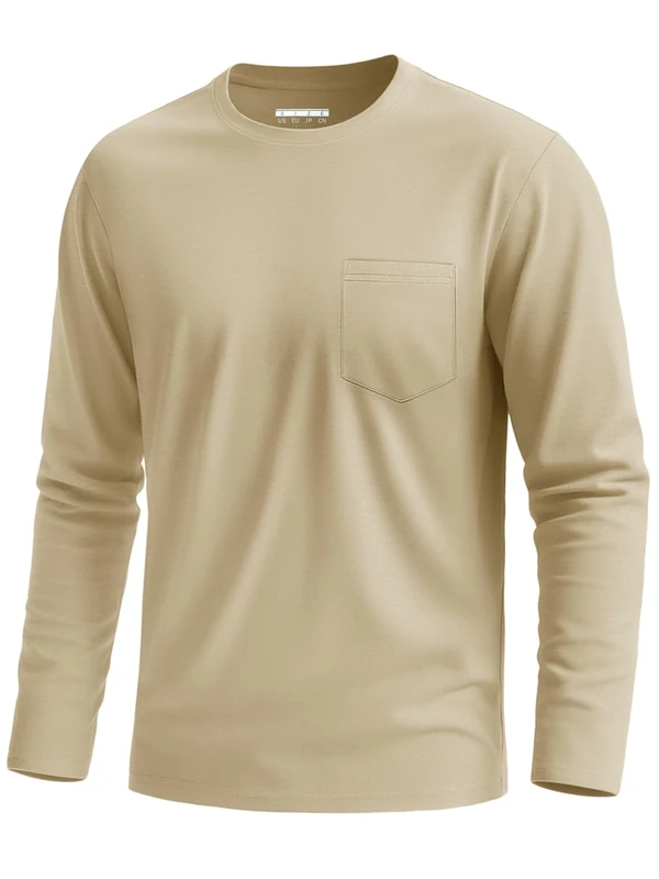 KEFITEVD Men's Long Sleeve T-Shirt Casual Cotton Regular Fit Work Tee Shirt Lightweight Plain T Shirts Spring Khaki L