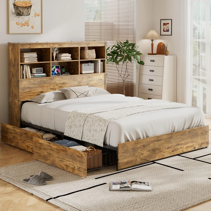 VECELO Double Bed Frame with Storage, 4FT6 Heavy-Duty Platform Bed with Charging Station, Bookcase Headboard and 4 Wood Drawers, Steel Slat Support, Industrial Style