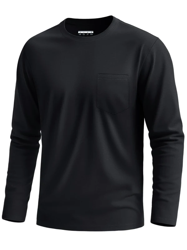 KEFITEVD Mens Long Sleeve Tops Cotton Casual Heavyweight Tees Basic Comfortable Round Neck T Shirts Autumn Black 3XL