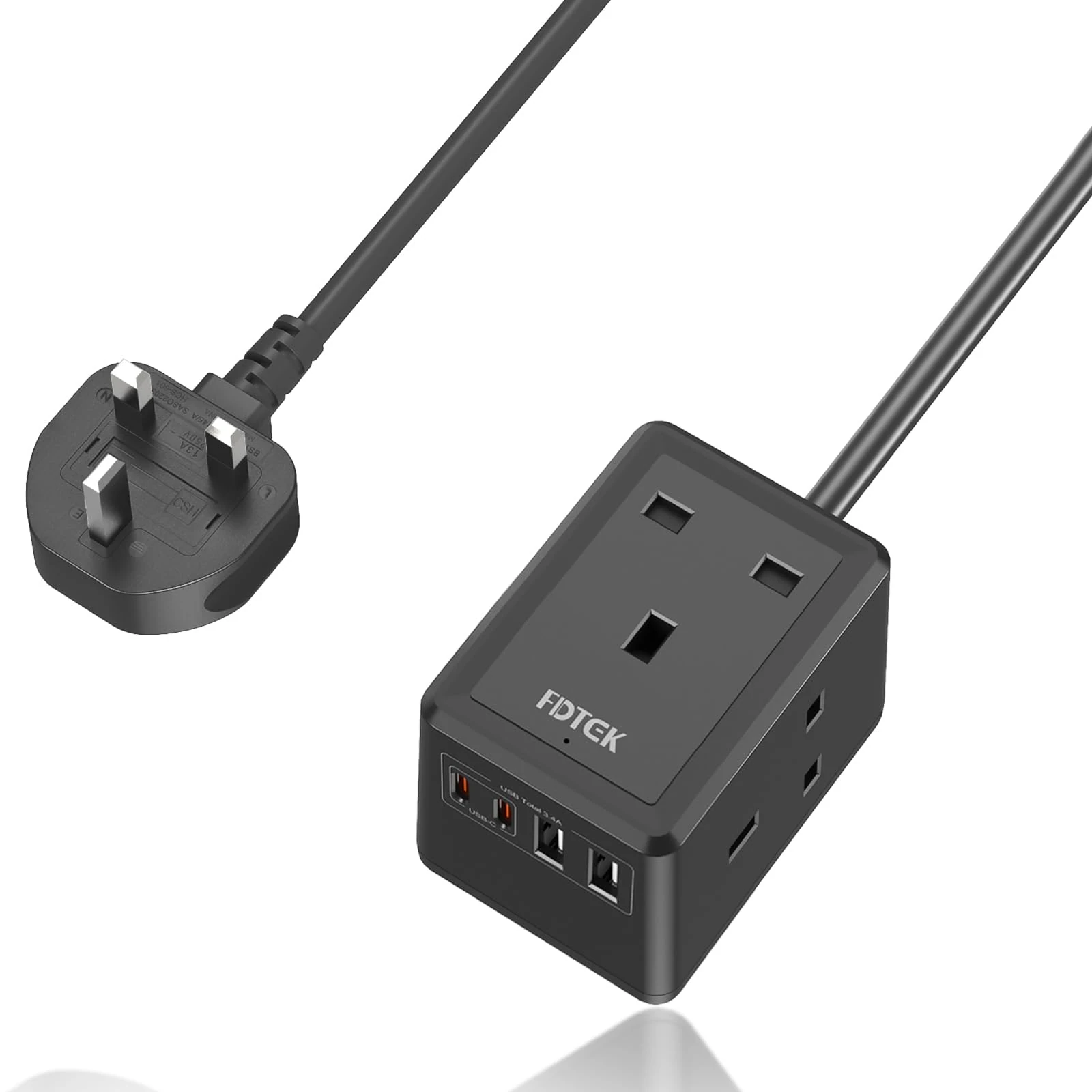 Extension Lead with USB C Slots, FDTEK Mini Plug Extension Cube with 3 way Outlets and 4 USB Ports, Travel Extension Socket with 1.5M Cord, UK Mountable Power Strip for Home Office Cruise-Black