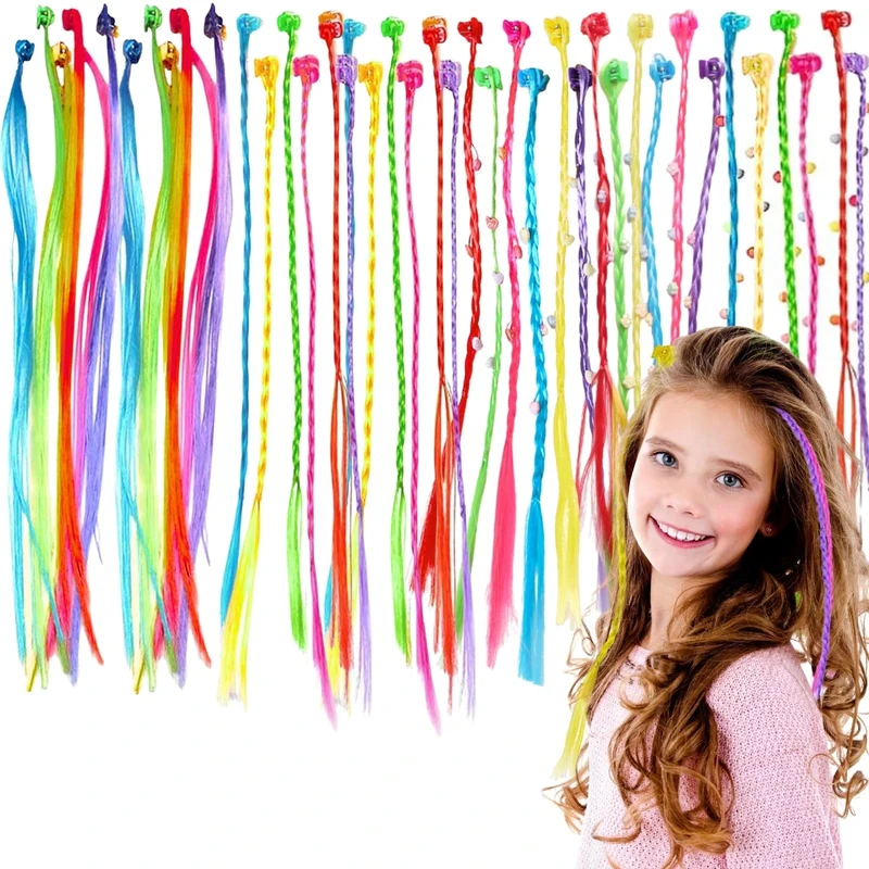 LUFFLOK Pack of 42 Colourful Children's Hair Strands with Hair Clips, Hair Extensions and Hair Braiding, Hair Strands for Clip-in Made of Synthetic Hair for Braiding, Party Accessories for Girls and