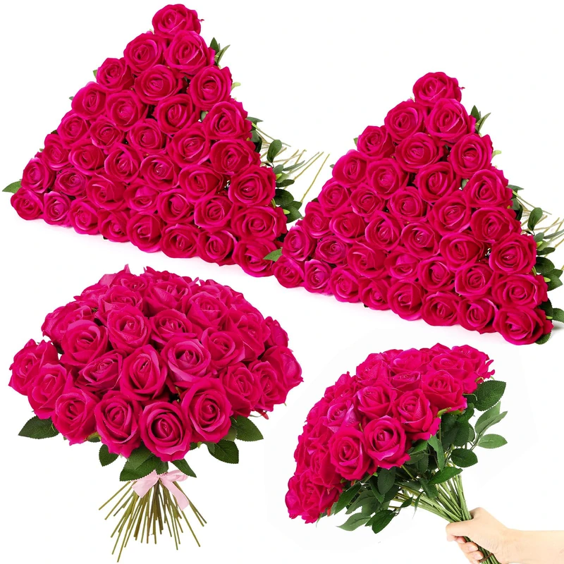 Ovveroche 80 Pcs Roses Artificial Flowers,Silk Hot Pink Rose Artificial Flowers,Fake Pink Roses Petals Long Stem Roses for Wedding Bouquet Home Party Decor