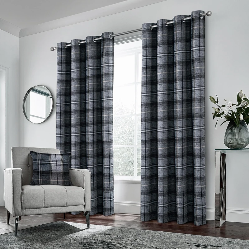 always4u 100% Blackout Woolen Look Plaid Curtains Modern Window Panels Black Grey Checkered Tartan Curtains for Living Room Bedroom 2 Panels Black Grey 45 * 84 Inches